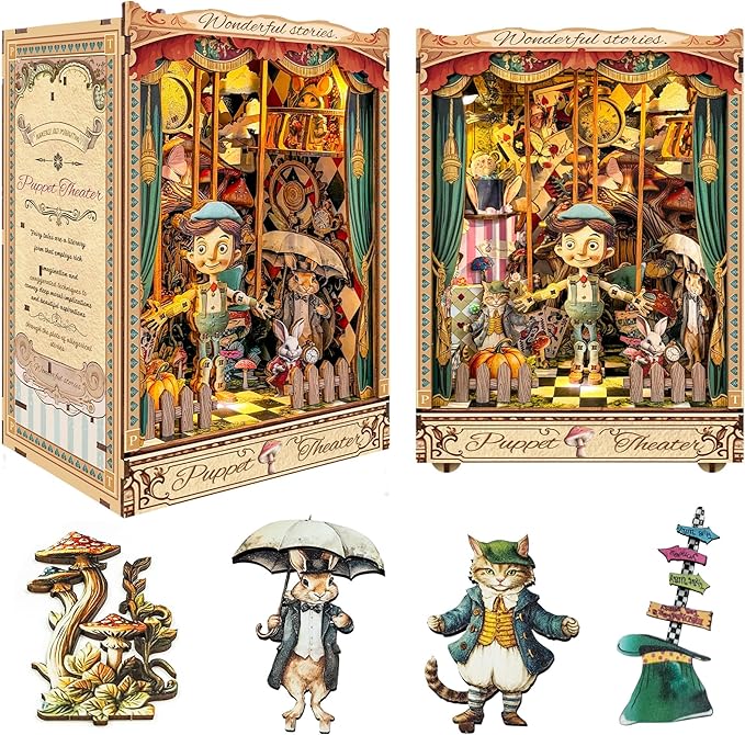 Adult Book Nook Kit, DIY Mini Dollhouse Book Corner Kit with LED Light and Dust Shield, Adult 3D Wooden Bookshelf Puzzle Book Corner Insertion Decorative Crafts - Puppet Theater (SQ-33)