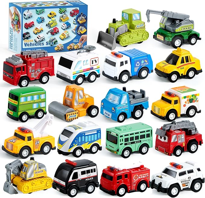 JOYIN 18 Pcs Pull Back City Cars and Trucks Toy Vehicles Set, Friction Powered Cars Toys for Toddlers, Kids Stocking Stuffers, Treasure Box Gifts for Classroom, Gifts for Grandkids, Easter Basket