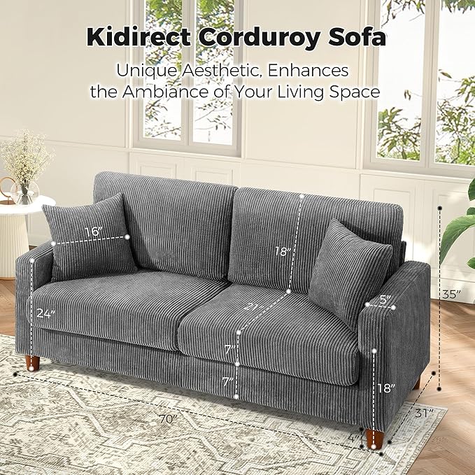 Kidirect 70in Corduroy Couch, Sofa No Tool Assembly, Comfy Couches for Living Room 21in Deeper Seats, Corduroy Sofas for Living Room with 2 Pillows, Oversized Loveseat Sofa, Boho Love Seat Grey Couch