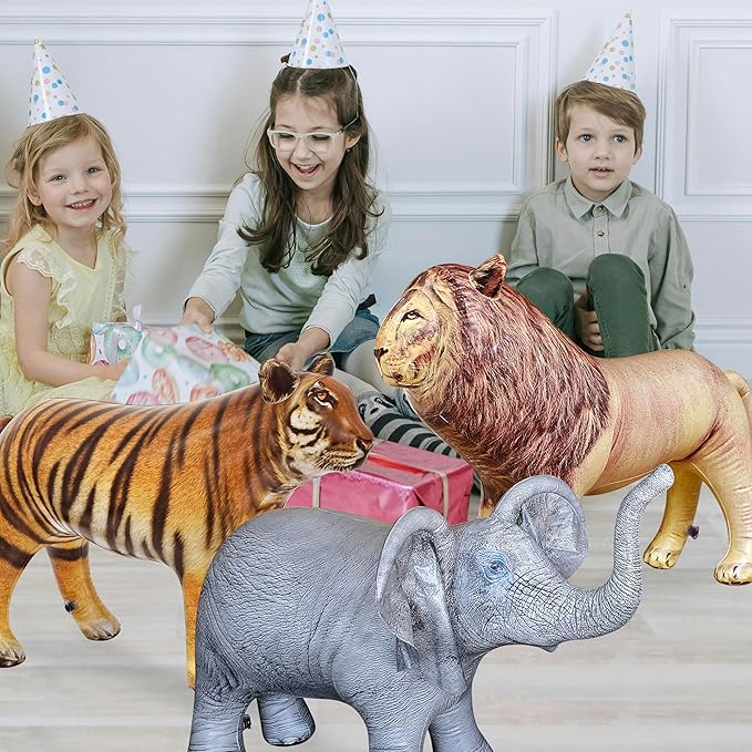 Jet Creations Life on Earth Wildlife Safari Inflatable, 3-PK, Lion, Tiger, Elephant, Realistic Animals for Party Decoration, Pool, Birthday, Jungle Photo Prop