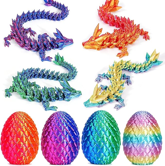 JOD® 4PCS 3D Printed Dragon Eggs with Dragon Inside – Articulated Fidget Toys, Easter Dragon Eggs, Mystery Surprise Easter Eggs for Kids, Unique 3D Printed Animals, Home Decor and Gift Set(B)