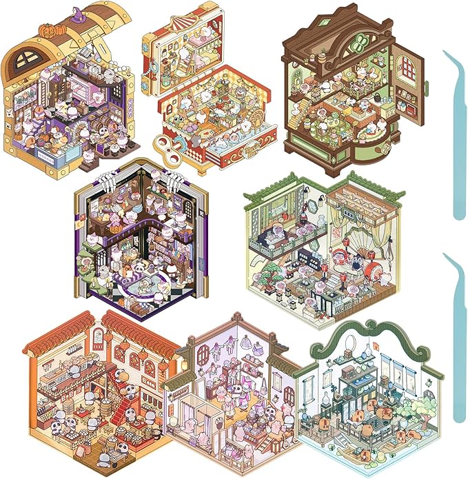 DIY 3D Sticker Scene, 8 Sets Fun DIY 3D House Stickers, Make Your Own Mini Room Scenes, Cute Cartoon 3D Miniature Scene Stickers Book, 3D Sticker Therapy for Adults Kids Relief Stress Pass The Time