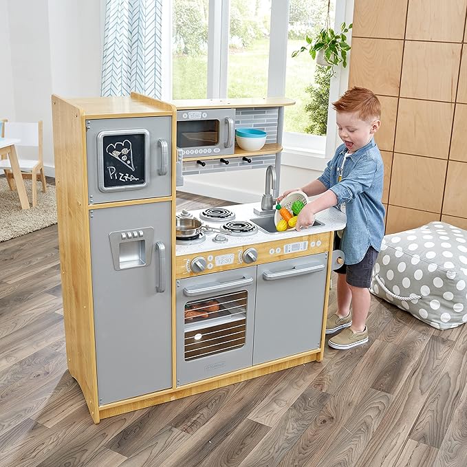 KidKraft Uptown Natural Wooden Play Kitchen with Play Phone, Chalkboard & Towel Rack, Gift for Ages 3+