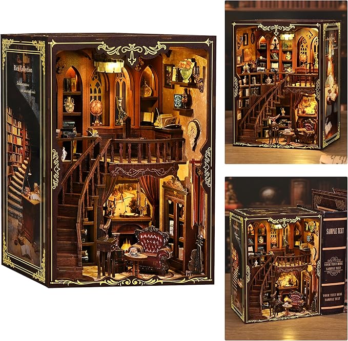 ISSEVE Book Nook Kit - DIY Miniature House Kit Book Nooks for Adults, Dollhouse Booknook Library Tiny House Bookshelf Decor 3D Wooden Puzzle Model Building Craft Kits Gift (Ancient Rhyme Library)