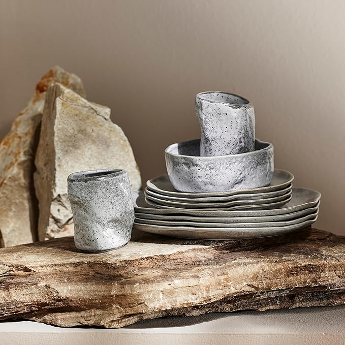 Stone by Mercer Project Atik Modern Stoneware 32-Piece Dinnerware Set, Plate and Bowl Set, Dish set for 8, Grey Speckled