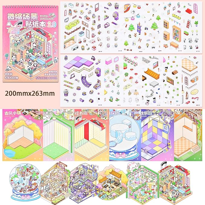 DIY Large Fun 3D Animal House Scene Stickers Book with Tweezers Make Your Own Town Bookstore Amusement Park Sticker Scenes Cute Micro Stickers for Relief Stress Pass The Time(6 Designs)