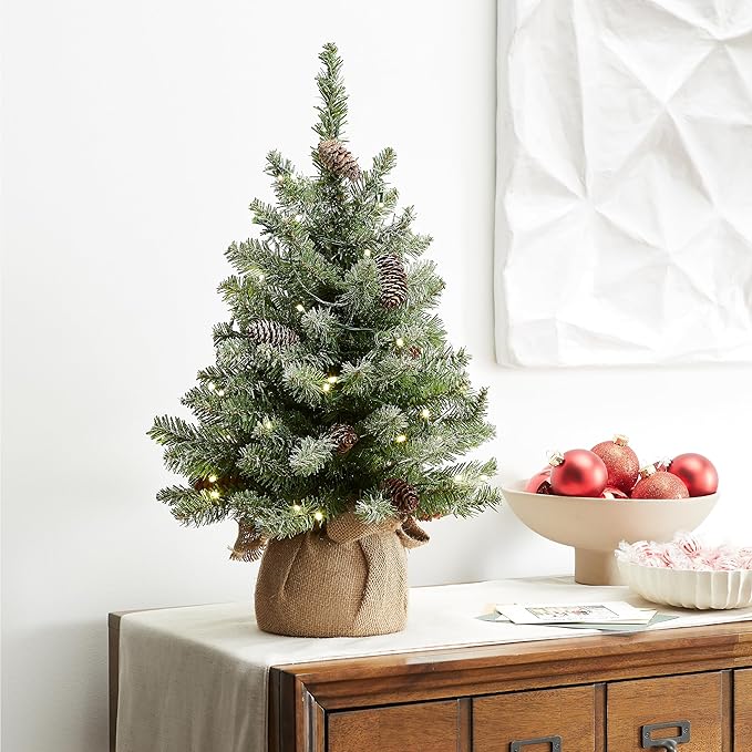 National Tree Company 2 ft Pre-Lit Flocked Mini Artificial Christmas Tree, 50 Clear LED Lights, 75 Tips, Pinecones, Burlap Base, Timer, Green