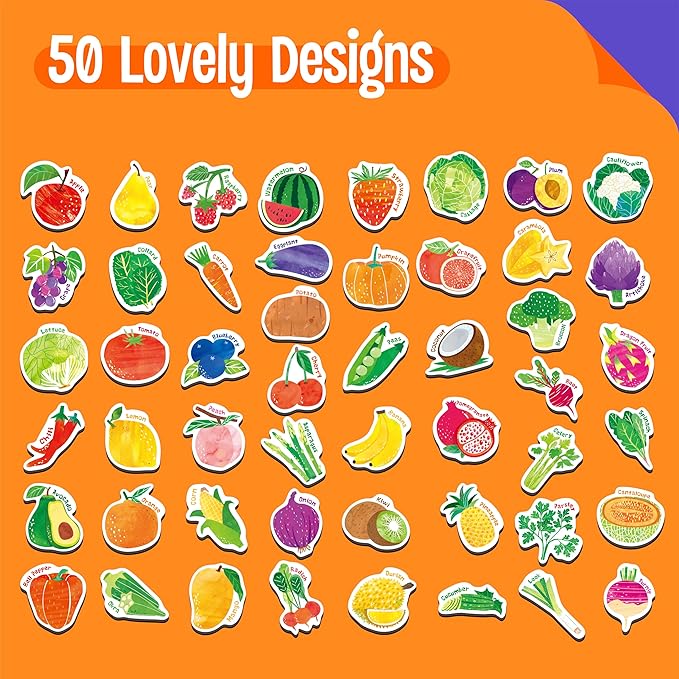 50 PCS Fruit & Vegetable Magnets, Adorable Magnetic Fruits Veggies Thick Fridge Magnets Cute Educational Learning Toys for Toddles Kids 1-2