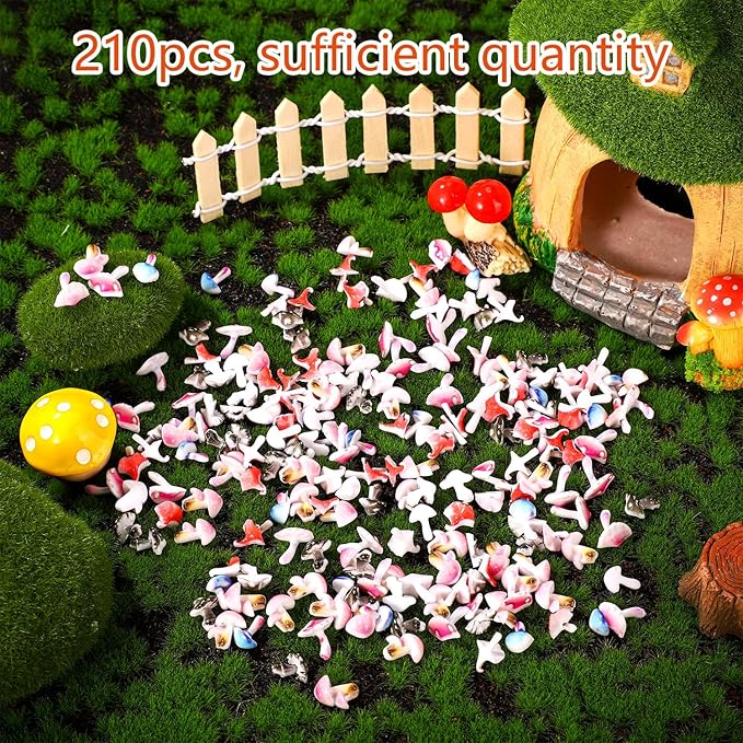 210pcs Tiny Mushroom Decor, Mini Resin Mushroom Figurines Cute Colorful Miniature Trinkets Toy Decorations Landscape Decor for Fairy Garden Dollhouse Terrarium Micro Landscaping Accessories (5 Styles)