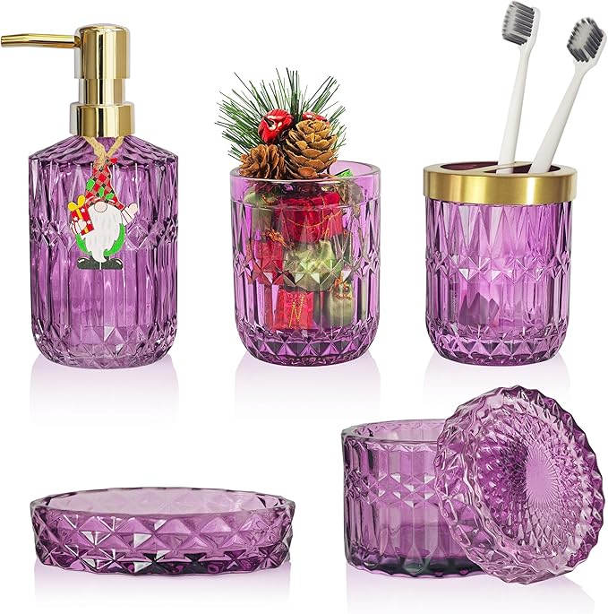 LaMarriti Purple Bathroom Accessories Set, 5Pcs Clear Glass Bathroom Set, Soap Dispenser, Toothbrush Holder Set, Soap Dish, Qtip Holder, Tumbler for Vintage Crystal Bathroom Decor, Gift Set (Violet)