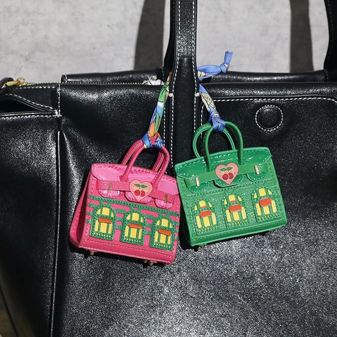 Buyborgood Women's 2 PCS Mini Tote Bag Charms Keychain Pouch Small Coin Purse Wallet (Rose Red + Green)