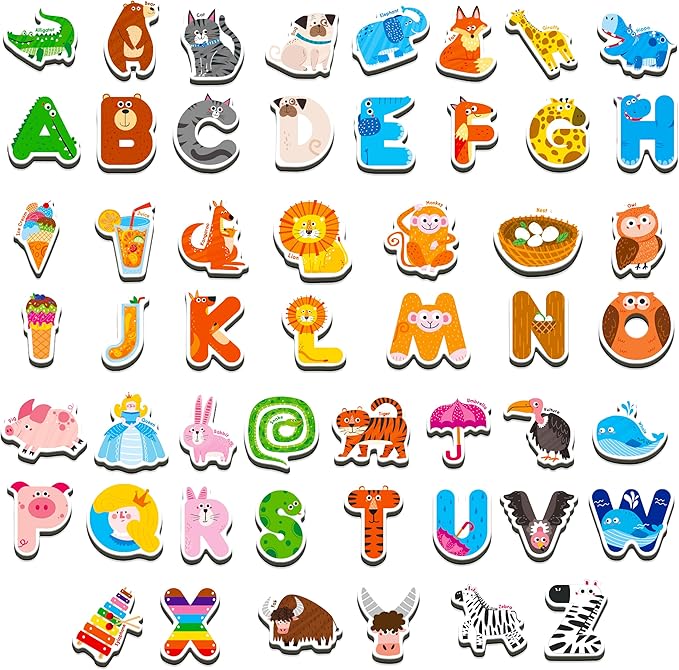 52 Magnetic Letters & Animals, Uppercase Letter Fridge Magnets Refrigerator Decors Alphabet Words Cognition Educational Learning Tool for Kids, Toddlers