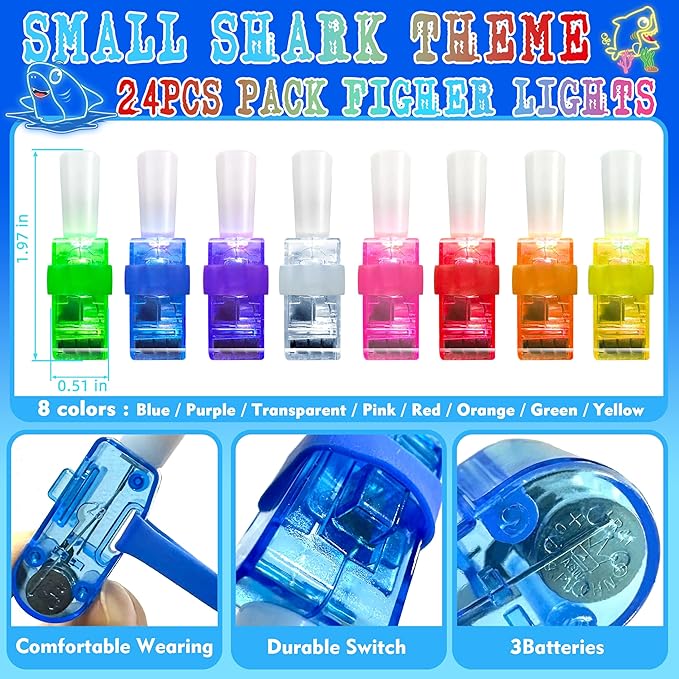 24PCS Cartoon Shark Party Favors-Fish Baby LED Finger Lights：Glow-in-the-Dark Light-Up Toys Bulk for Kids,Under the Sea Birthday Party Decorations Supplies,Goodie Bags Stuffers, Classroom Prizes Gifts