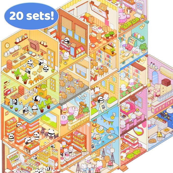 DIY Mini Fun 3D Animal House Scene Stickers Book with Tweezers Make Your Own Library Shop Sticker Scenes Cute Micro Stickers for Relief Stress Pass The Time(20 Designs)