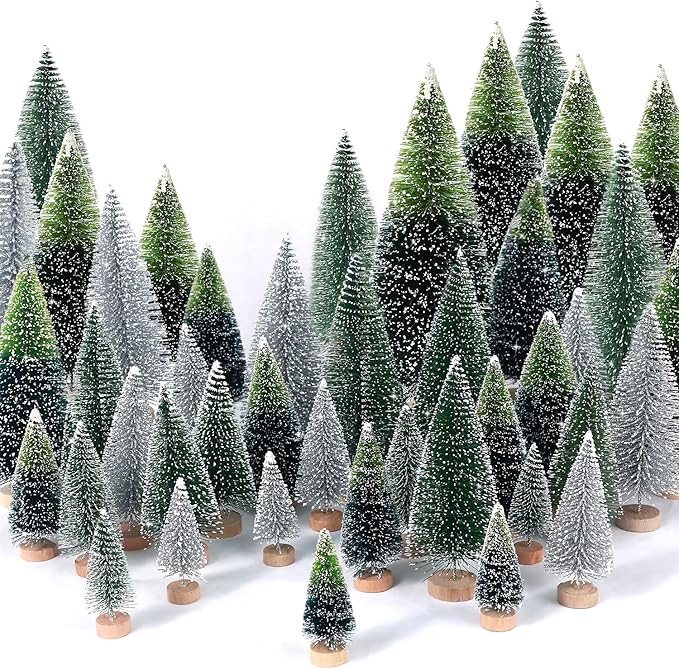 30Pcs Mini Christmas Trees Artificial Christmas Tree Bottle Brush Trees with Wooden Base for Christmas Decor Christmas Party Home Table Craft Decorations(Dark Green+Silver)
