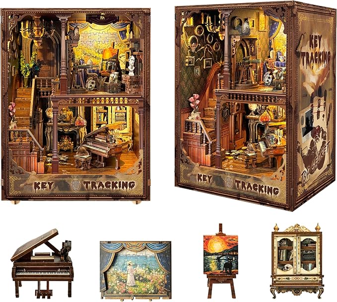 Book Nook Kit-DIY Dollhouse Kit 1:24 Scale Wooden Miniature Studio with Dust Cover Bookshelf Decor 3D Puzzle Book Nooks for Adults to Build Gift-Key Tracking (SQ-31)