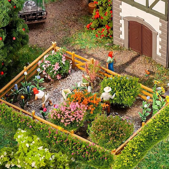 Warmtree 12 Pcs Miniature Colorful Flower Cluster Miniature Flowers Static Grass Tufts for Diorama Supplies Woodland Scenics Terrain Railway Scenery Table Landscape(Orange Pink)