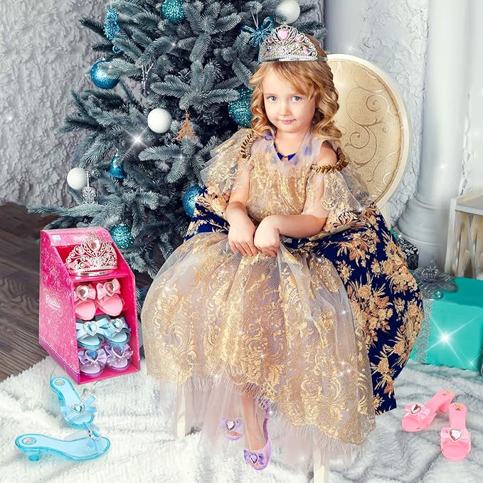 Mastom Girls Play Set! Princess Dress Up Shoes and Tiara (3 Pairs of Shoes + 1 Tiara) Role Play Collection Fashion Princess Shoe for Little Girls