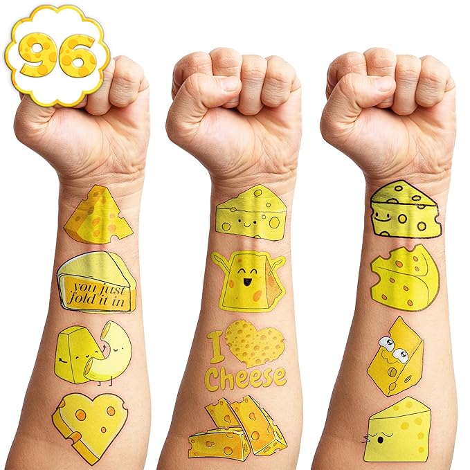 96 PCS Funny Cheese Pre-Cut Temporary Tattoos Birthday Party Decorations Supplies Favors Cute Yellow Cheese Dairy Food Sweet Cheesy Decor Stickers For Boys Girls Gift School Prizes Rewards