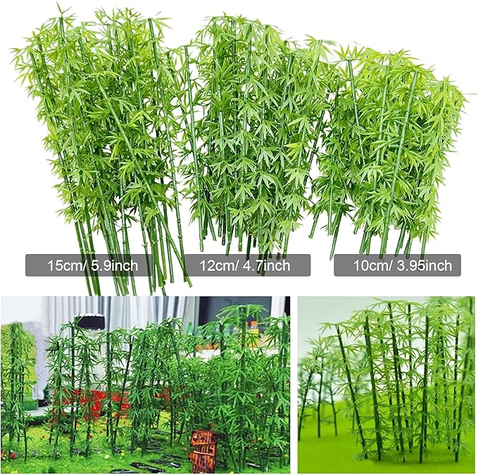 Woohome Miniature Bamboo Trees, 60 PCS Model Bamboo Trees Landscape Bamboo Tree and 2 PCS Fake Moss Rocks Decorative Moss Balls Model Artificial Plants for Home Decoration, Fairy Gardens