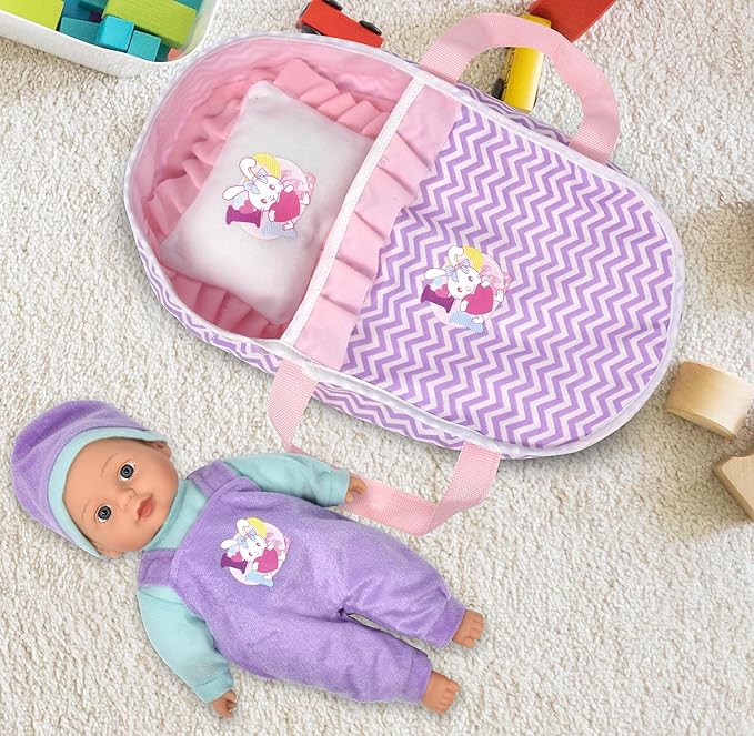 12 Inch Interactive Talking Baby Doll with Bassinet Carrier Bed & Accessories, Doll That Cries Laughs Talks with Pacifier Magic Disappearing Bottle & Take Along Bed with Blanket & Pillow