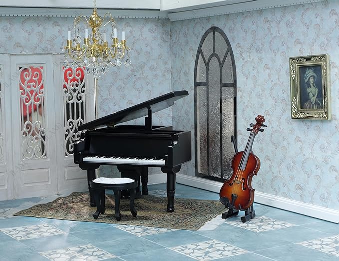 iLAND Piano Music Box & Miniature Violin w/Giftbox, 1/12 Scale Accessories of Dollhouse Piano Room with Timeless Melody The Castle in The Sky, Romantic Gift