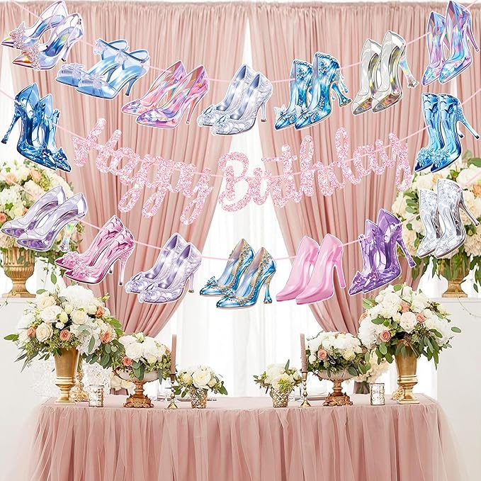 High Heel Happy Birthday Banners 3PCS Crystal High Heels Party Decorations Glass Shoes Banners Girls Princess Birthday Decor for Lady Bridal Shower Wedding Party Supplies