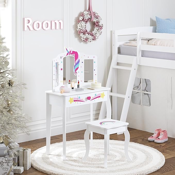 Spirich Kids Vanity, Girls Vanity Set with Mirror and Stool and Lights, Kids Vanity Table and Chair Set, Wooden Princess Makeup Desk Dressing Table