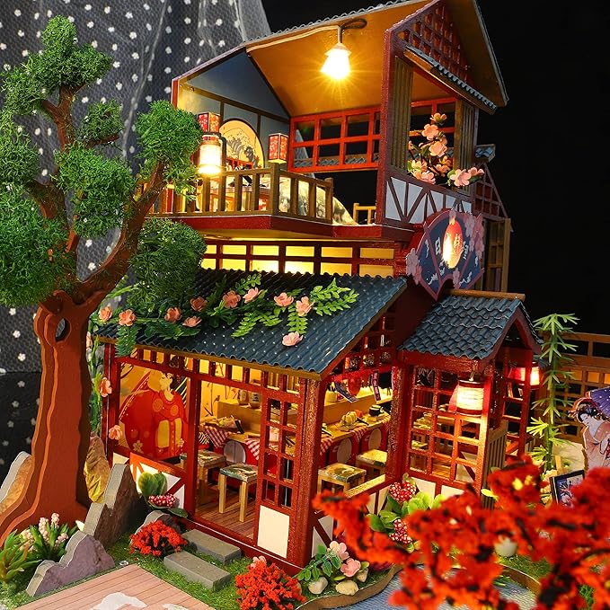 GuDoQi DIY Miniature Dollhouse Kit, 1:24 Scale Tiny House with Music Plant, Model Craft Kit for Adults, Great Handmade Gift for Birthday Christmas Day, Japanese Villa Courtyard