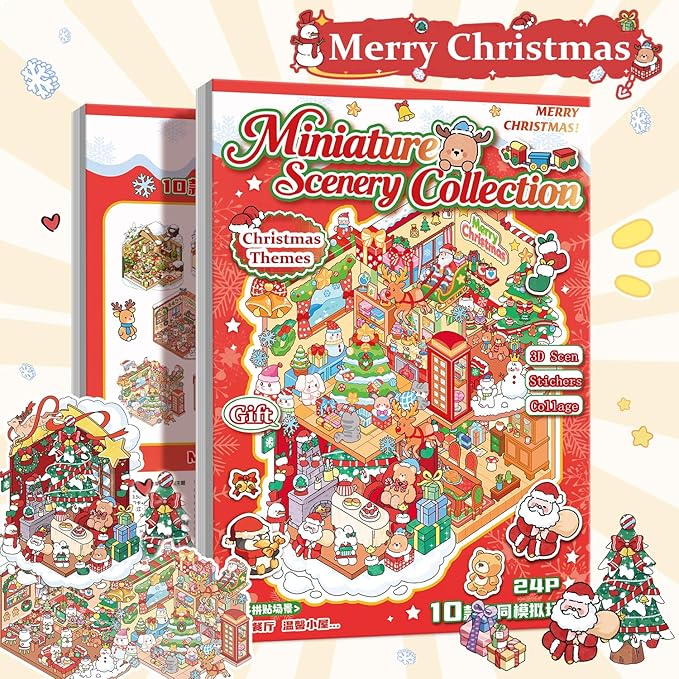 Christmas Sticker Book Collection, 10 Sets 3D Christmas Stickers, DIY 3D Miniature House Stickers Collection Book, Make Gifts for Adults and Kids, Fun Simulated Scene Game for Girls