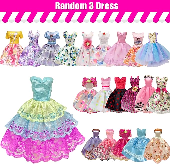 30 Pieces Doll Clothes and Accessories for 11.5 Inch Girl Dolls Including Random 5 Tops, 5 Pants, Random 3 Dresses, Random 3 Fashionable Dresses, Random 2 Swimwear, 6 Pairs of Shoes, 1 Bag, 5 Hangers