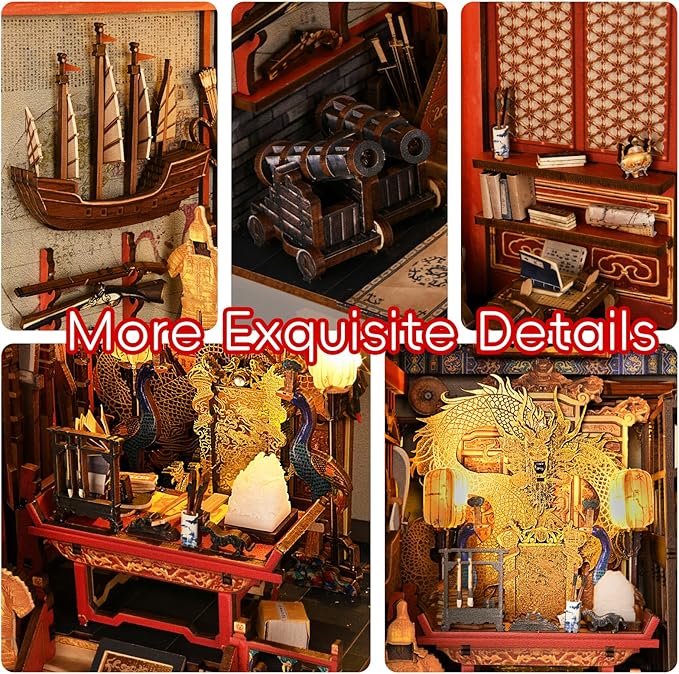 Book Nook Kit, 3D Wooden Puzzle for Teens and Adults, DIY Miniature Dollhouse Booknook Kit Bookend Bookshelf Insert Decor with LED Light (The Emperor’s Study)