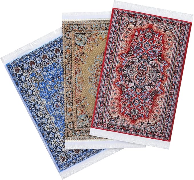 Dollhouse Rugs 3 Pcs Miniature Accessories, 1/12 Vintage Woven Dollhouse Rug, Mini Carpet for Dollhouses Furniture, Mini Floral Print Carpet for Doll House Floor Decor(Blue, Yellow, Red)