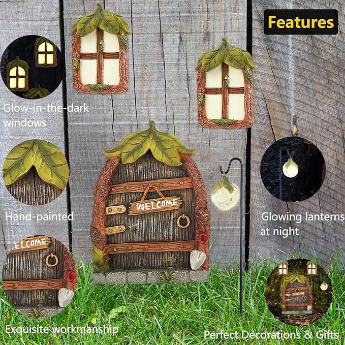 Jauay Miniature Fairy Garden Accessories Fairy Door and Windows for Trees, Glow in The Dark Yard Sculpture Lawn Ornament Mini Garden Art Outdoor Decor Accessories with Lantern