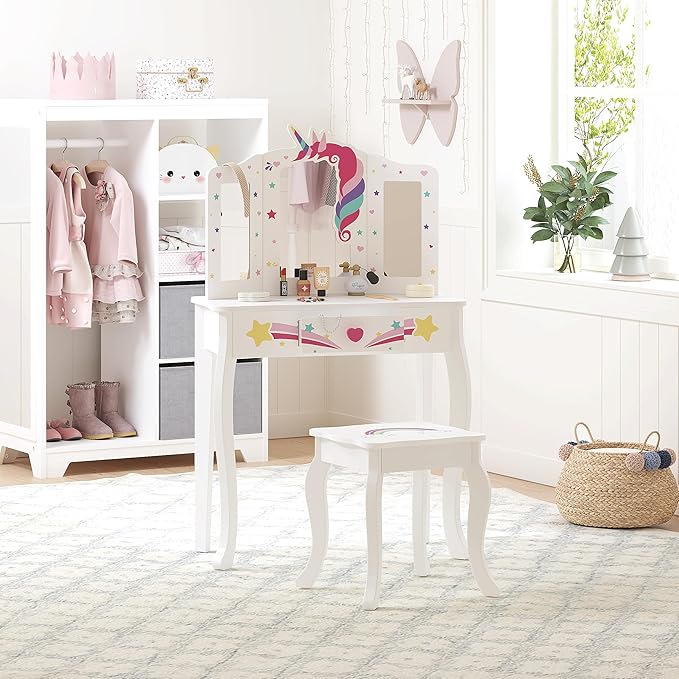 Spirich Kids Vanity, Girls Vanity Set with Mirror and Stool and Lights, Kids Vanity Table and Chair Set, Wooden Princess Makeup Desk Dressing Table