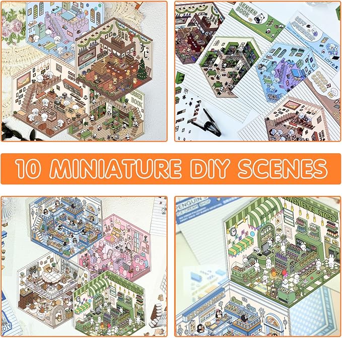 DIY 3D Sticker Scene, 10 Sets Fun DIY 3D House Stickers, Make Your Own Mini Room Scenes, Cute Cartoon 3D Miniature Scene Stickers Book, 3D Sticker Therapy for Adults Kids Relief Stress Pass The Time
