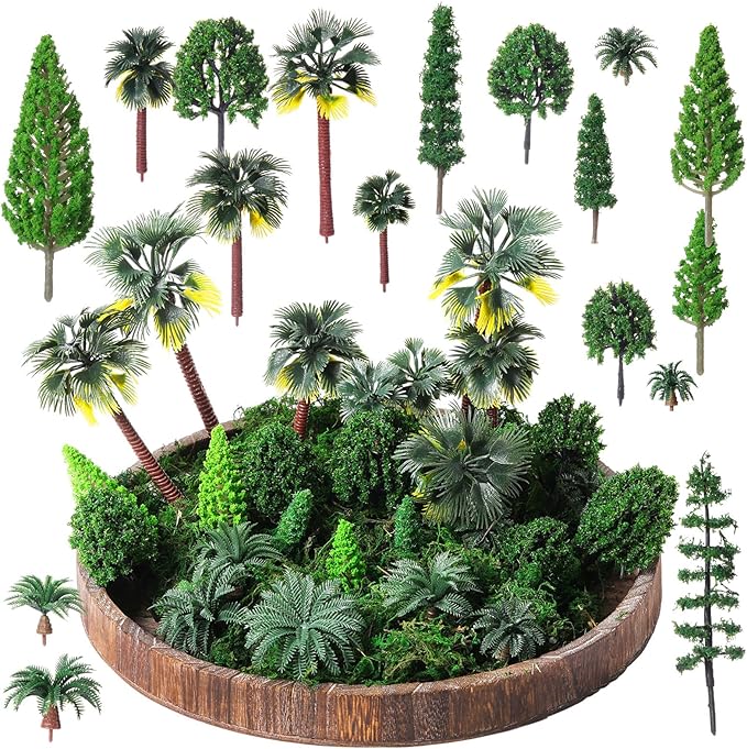 Tigeen 28 Pcs Model Trees Mixed Model with 1.4 Ounce Faux Green Moss Decor Tree Train Scenery Architecture for DIY Crafts, Building, Scenery Landscape (Palm Tree)