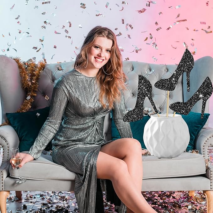 High Heel Centerpiece Sticks Lady Birthday Wedding Table Decorations 12PCS Glitter Black High Heels Table Toppers Makeup Night Table Centerpieces for Women Bridal Shower Bachelorette Party Supplies