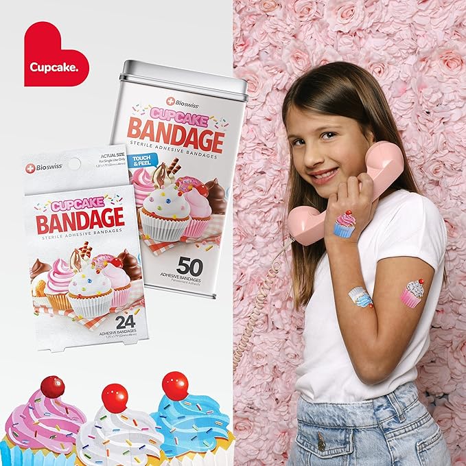 BioSwiss Bandages, Cupcake Shaped Self Adhesive Bandage Set, Latex Free, Sterile Wound Care, 50 Count