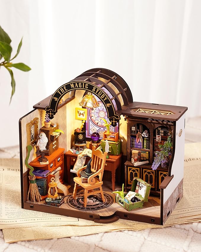 Rowood Magic Study Miniature House Kit, DIY Miniature Dollhouse Kits for Adults, Wizard Mini House Craft Kits for Women with LED, Halloween Christmas Birthday Gift for Adults (The Magic Study)