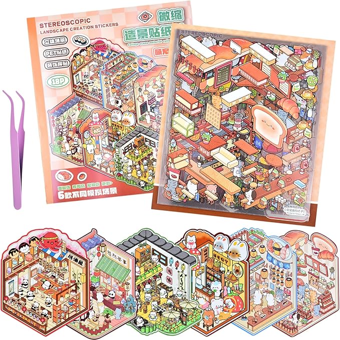 DIY Mini Fun 3D Animal House Scene Stickers Book with Tweezers Make Your Own Bakery Restaurant Teahouse Shop Sticker Scenes Cute Micro Stickers for Relief Stress Pass The Time(6 Designs)