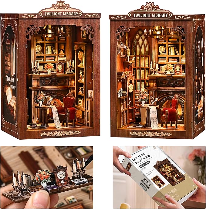 ISSEVE Book Nook Kit, DIY Miniature House Kit for Adults Teen Beginners, Dollhouse Mini Booknook Kits, Tiny House Bookshelf Decoration, 3D Wooden Puzzles Crafts Gifts (Twilight Library)