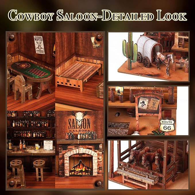 Cowboy Saloon Miniature Kit - DIY Miniature House Kit for Adults, Teens, Dollhouse Booknook Bookshelf Insert Decor with LED Light, 3D Wooden Puzzle Gifts for Family, Friends