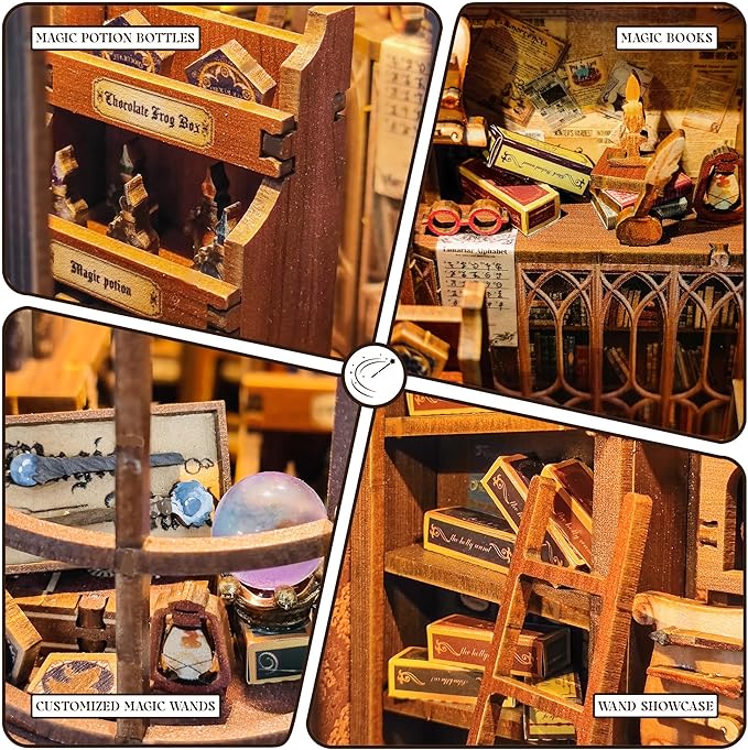Book Nook Kit Tiny House DIY Kit for Adults and Beginners - Magical Bookshelf Decor with LED Light - Gift for Lovers, Family, Friends - Magic Wand Store (SQ-51)