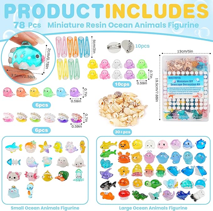 100pcs Ocean Mini Resin Animals - 78 Styles Tiny Sea Figurines Shell Miniature Plastic Fish for Garden Micro Landscape DIY Fish Tank Potted (Small Ocean)