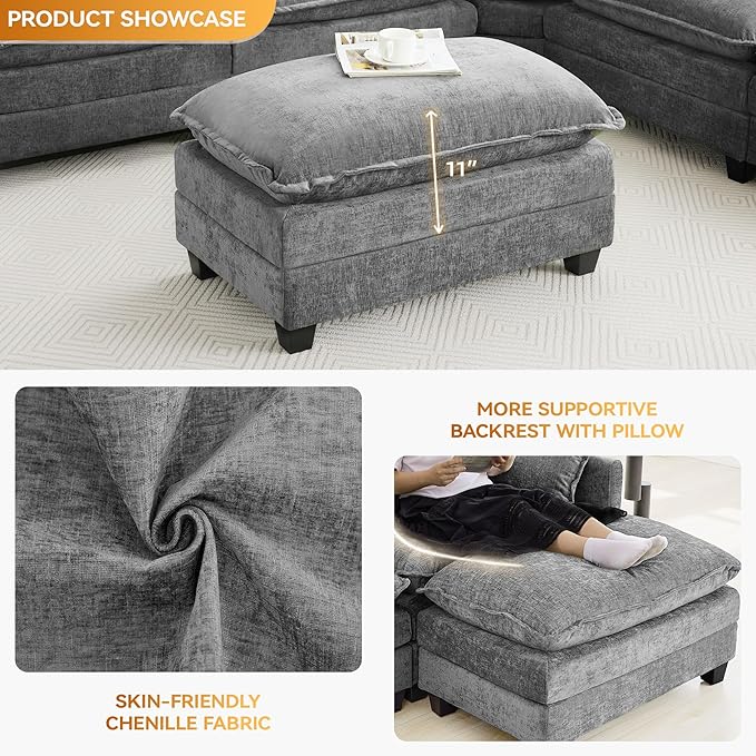 35‘’ Modern Chenille Cloud Sofa Ottoman,Rectangle Ottoman for Modular Sectional Sofa, Grey