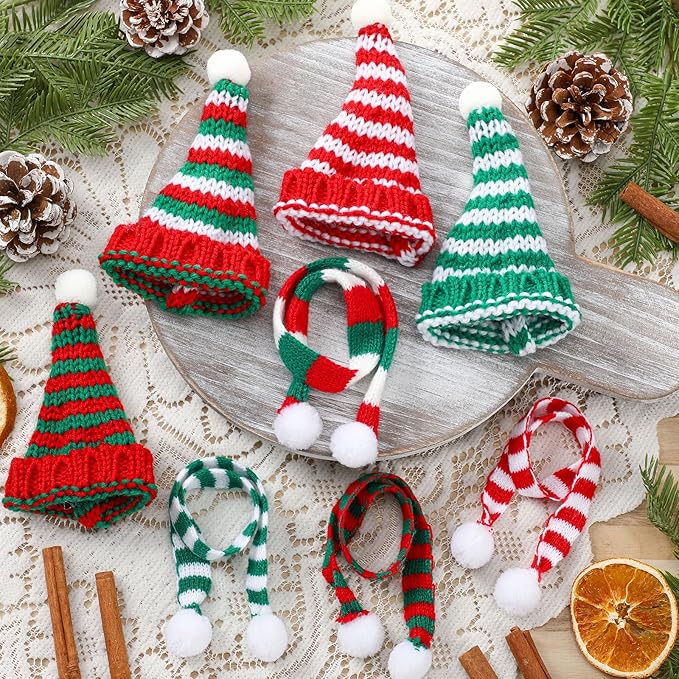 Geyoga 16 Pcs Mini Knit Doll Hat Valentines Day Small Santa Hat for Craft Winter Mini Snowman Hats and Scarf Tree Ornaments Snow Stripe Heart Wine Bottle DIY Decor Gifts