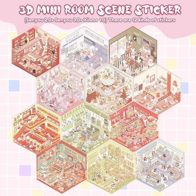 DIY 3D House Sticker Set for Adults & Kids - Creative Miniature Room Scenes with Cartoon Decals, Cute Home Decor Stickers to Build Your Own 3D Model Scenes (Set 5)