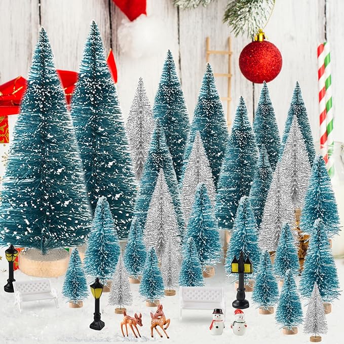 BOUBONI Mini Christmas Tree 35PCS Christmas Village Sets with Crafts Reindeer Snowmen Benches Street Lamp for Xmas Decorations Indoor Party Home Table Craft (Dark Green, Silver)