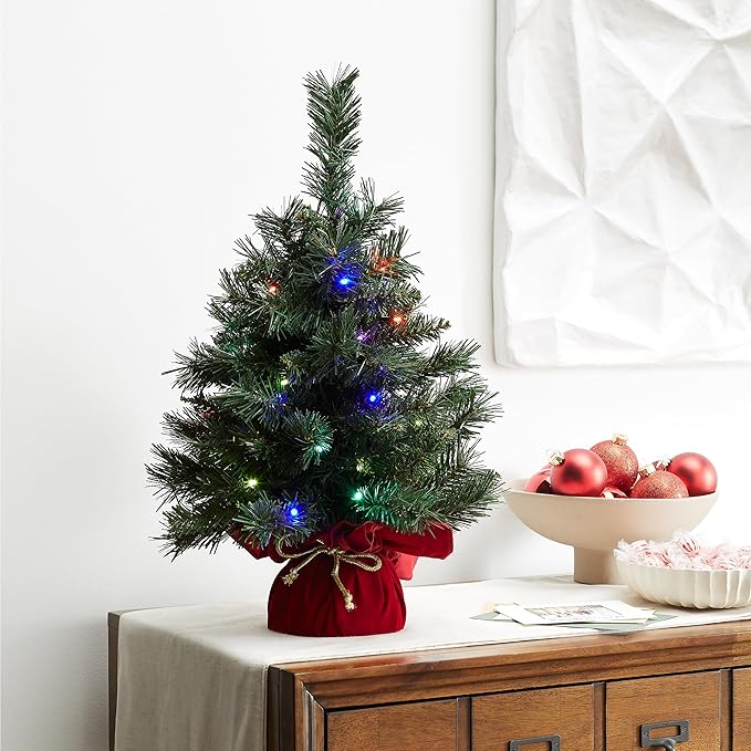 National Tree Company 24 in Pre-Lit Majestic Fir Artificial Christmas Tree, 35 Multicolor Lights, 71 Tips, Timer, Red Cloth Base, Green